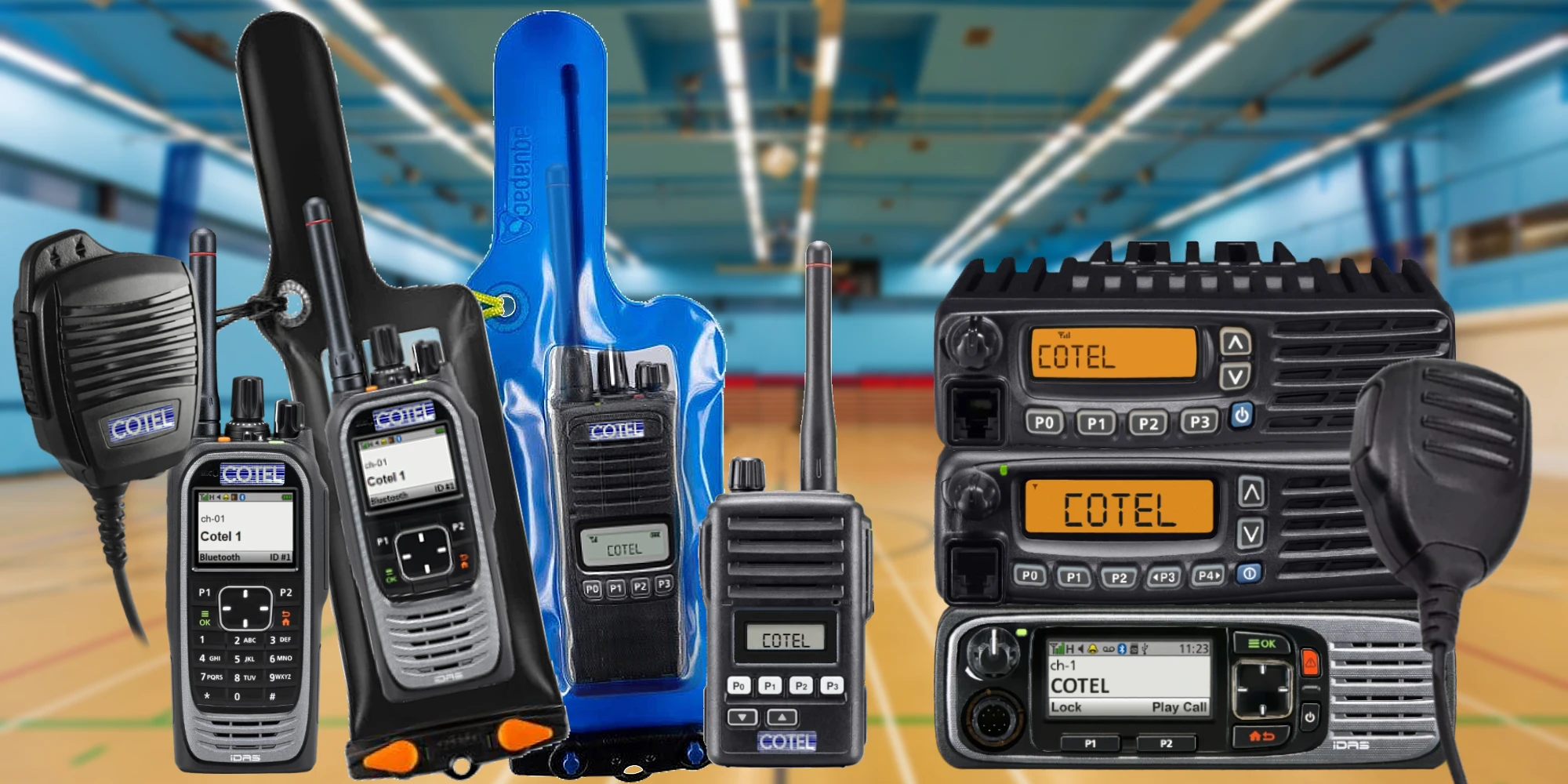 Some of the Cotel Sitemaster radio equipment supplied to our Sports and Leisure customers. Aquabags ensure protection and waterproof our radio systems within poolside areas.